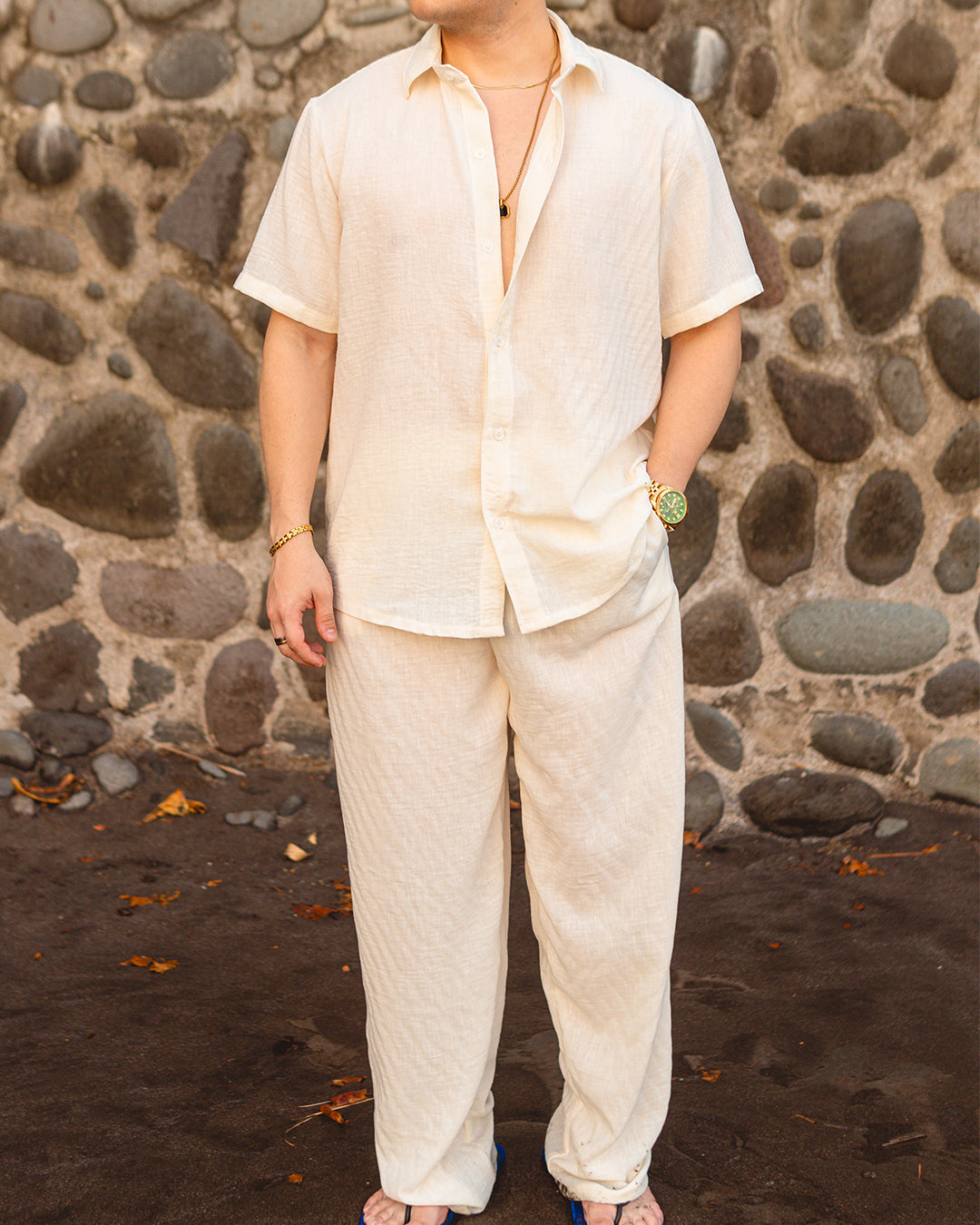 Conjunto Pantalón y Camisa Manga Corta Lino Blanco