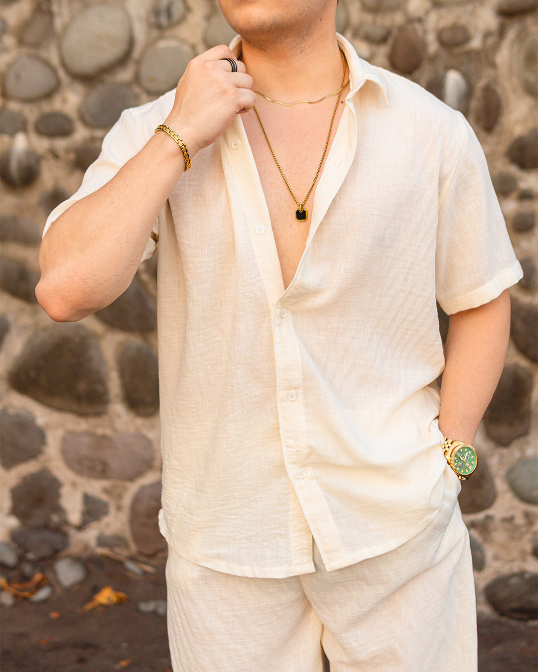 Conjunto Pantalón y Camisa Manga Corta Lino Blanco