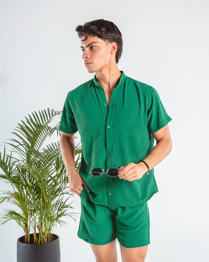 Conjunto Short y Camisa Manga Corta Cuello Chino Lino Verde