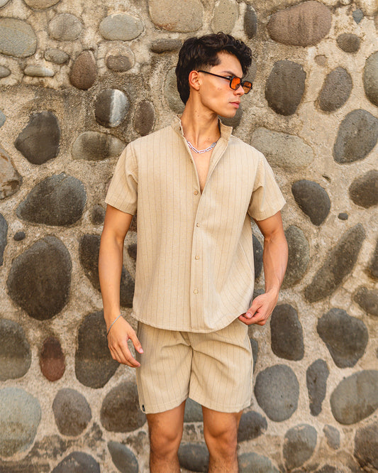 Conjunto Short y Camisa Manga Corta Cuello Chino Lino Beige