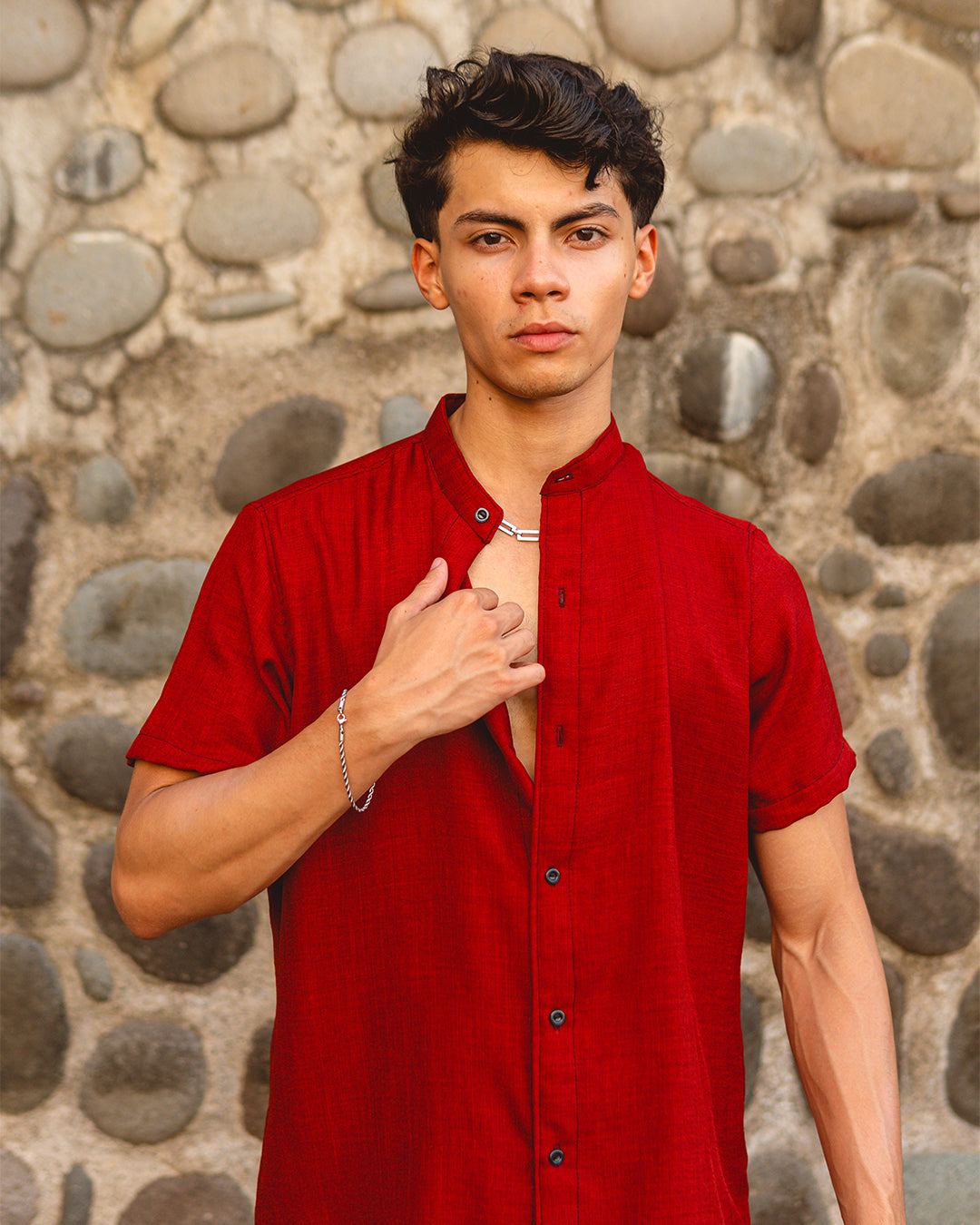 Conjunto Short y Camisa Manga Corta Cuello Chino Lino Rojo