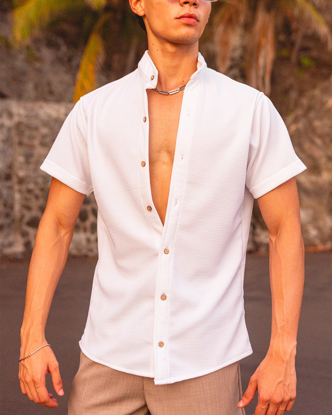 Camisa Manga Corta Cuello Chino Blanca